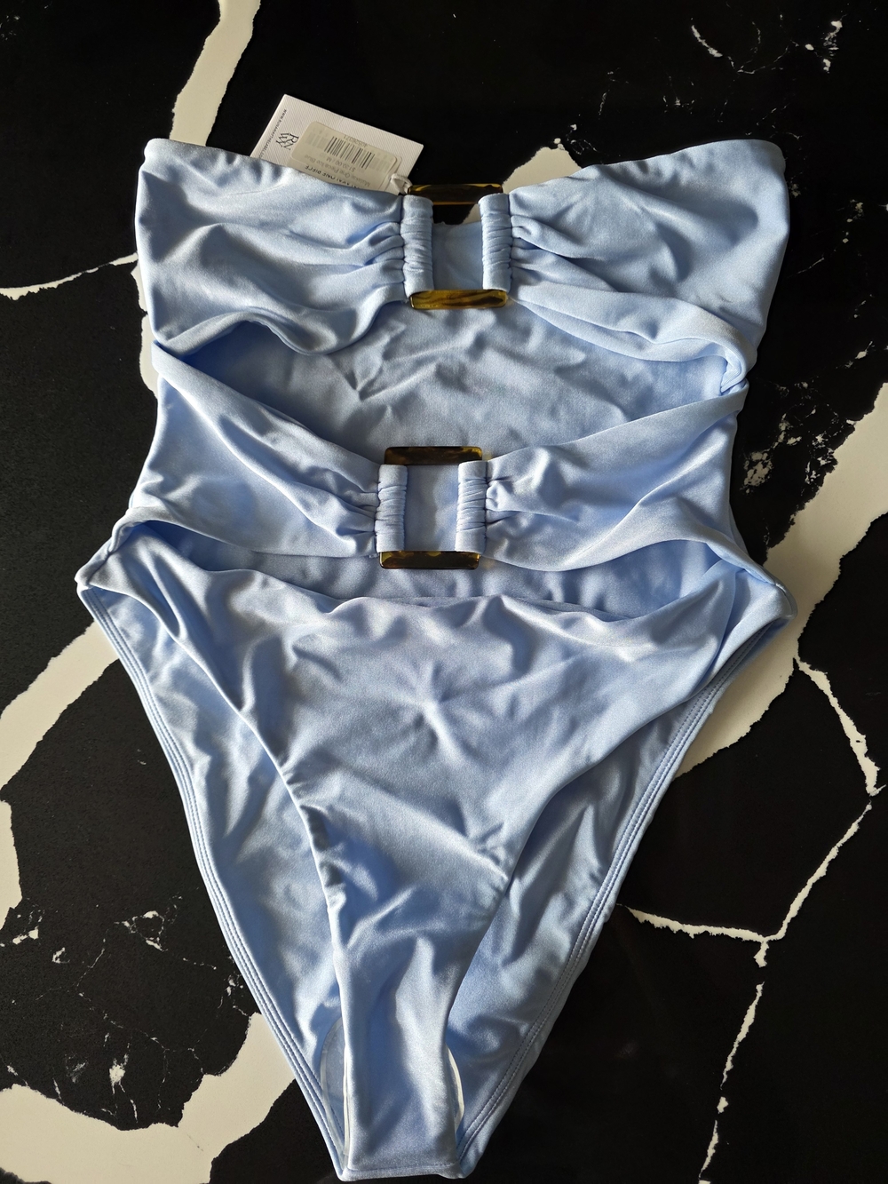 Strapless Light Blue One-Piece Swimsuit with tortoise shell Accent squares